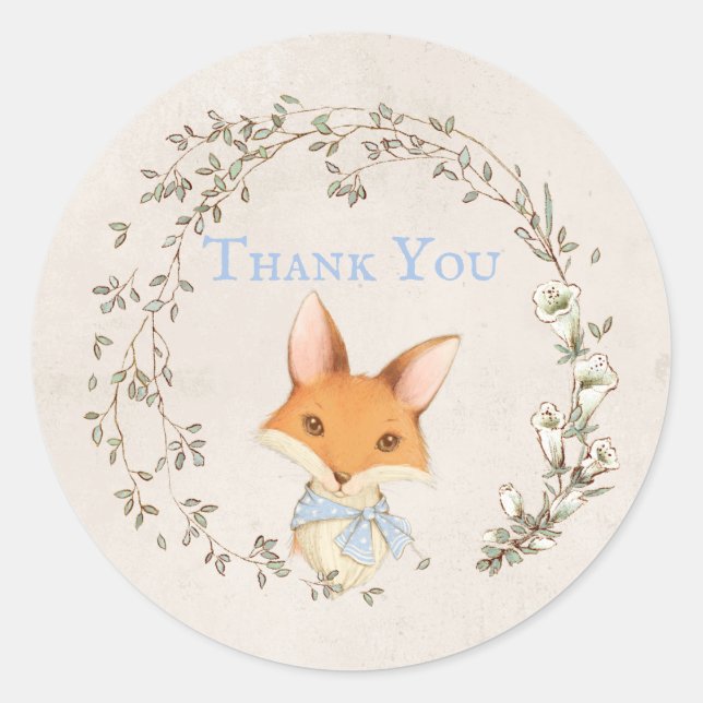 Fox with Floral Wreath Blue "Thank You" Sticker (Front)