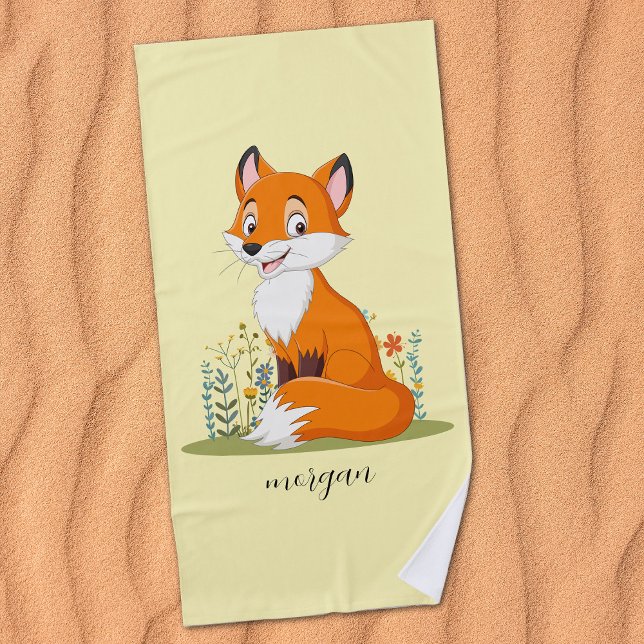 Fox With Flowers, Child's Name on Pale Yellow Beach Towel (Creator Uploaded)