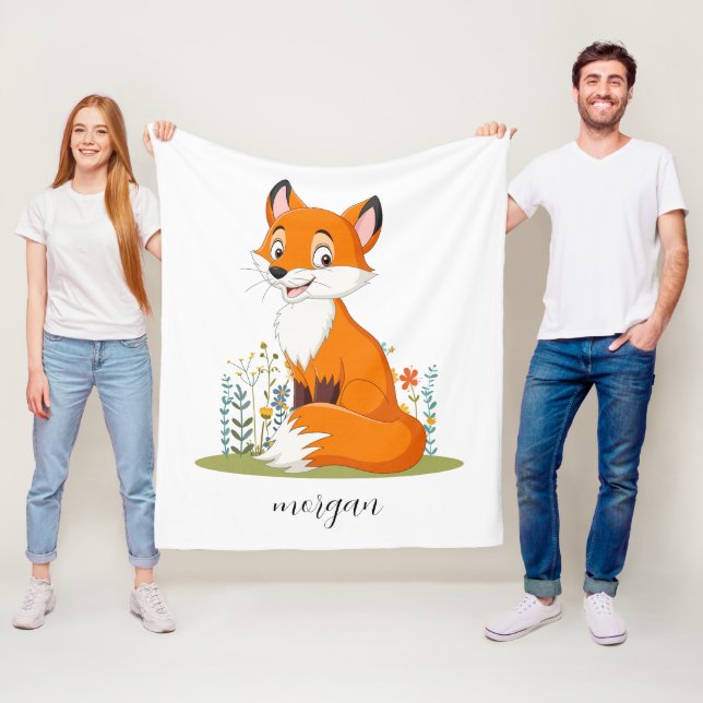 Fox With Flowers, Child's Name or Your Message Fleece Blanket (In Situ)
