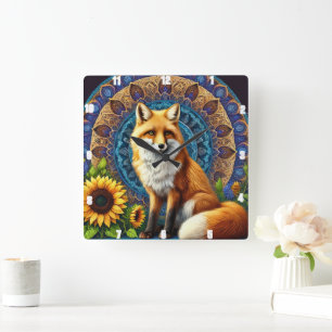 Fox with Mandala and Sunflower Vibrant Colours Square Wall Clock