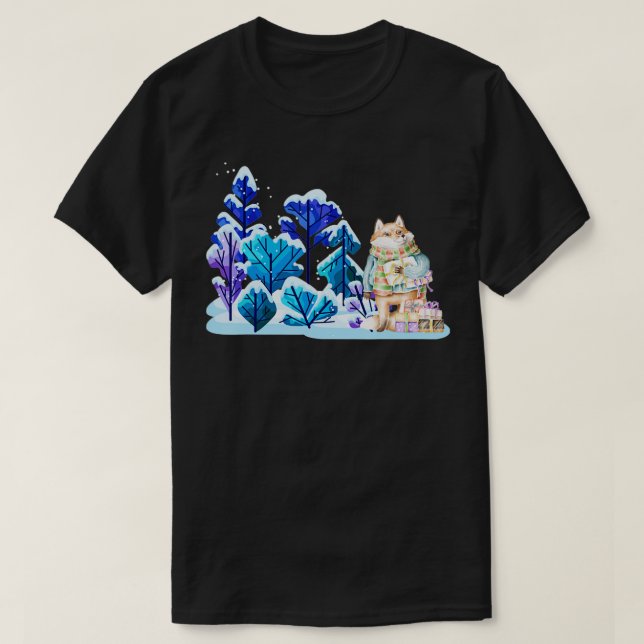 Fox with presents in snowy forest merry christmas  T-Shirt (Design Front)