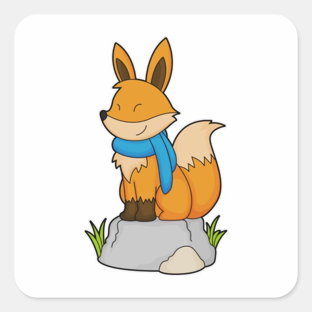 Fox with Scarf on Rock Square Sticker (Front)