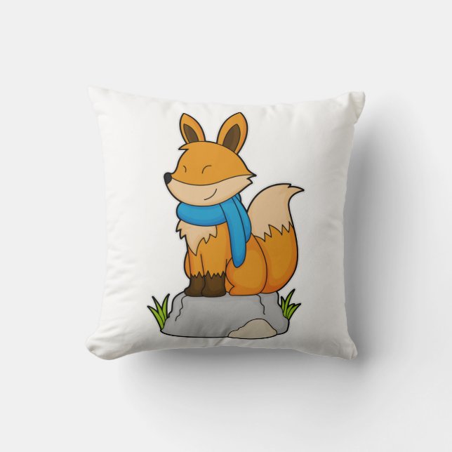 Fox with Scarf on Rock Throw Pillow (Front)