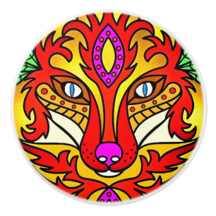 Fox  wolf boho abstract art red purple ceramic knob