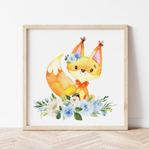 Fox, Woodland Animals, Boho, Blue Flowers Photo Print