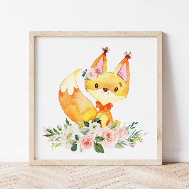 Fox, Woodland Animals, Boho, Pink Flowers Photo Print (Creator Uploaded)