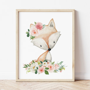 Fox, Woodland Animals, Boho, Pink Flowers Poster