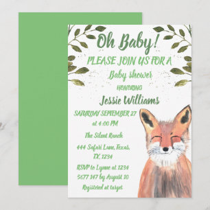  Fox Woodland animals Green Rustic Baby boy shower Invitation