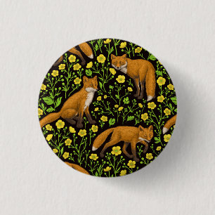 Foxes and buttercups on black 1 inch round button
