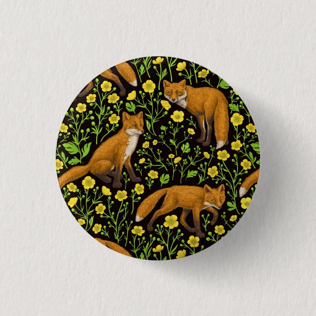 Foxes and buttercups on black 1 inch round button (Front)