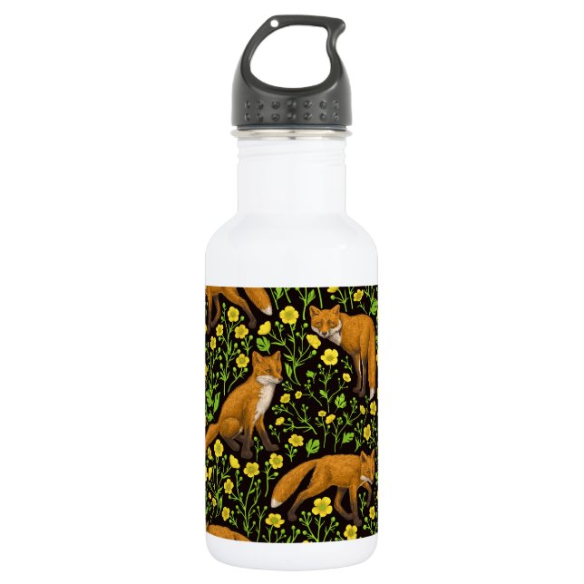 Foxes and buttercups on black 532 ml water bottle (Front)