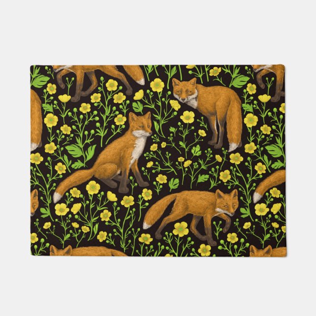 Foxes and buttercups on black doormat (Front)