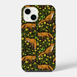 Foxes and buttercups on black iPhone 14 case