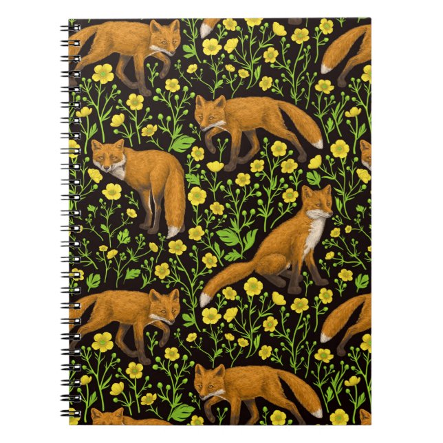 Foxes and buttercups on black notebook (Front)