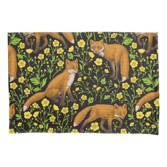Foxes and buttercups on black pillowcase (Front-Left)