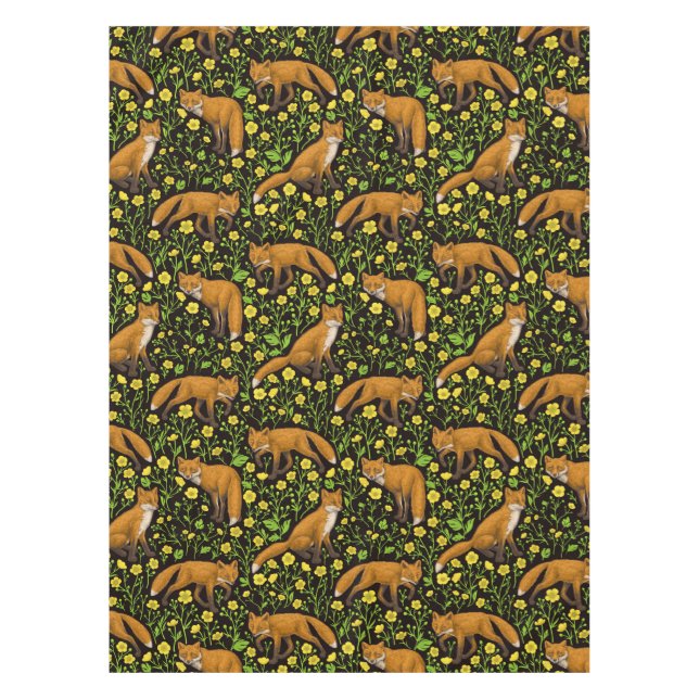 Foxes and buttercups on black tablecloth (Front)
