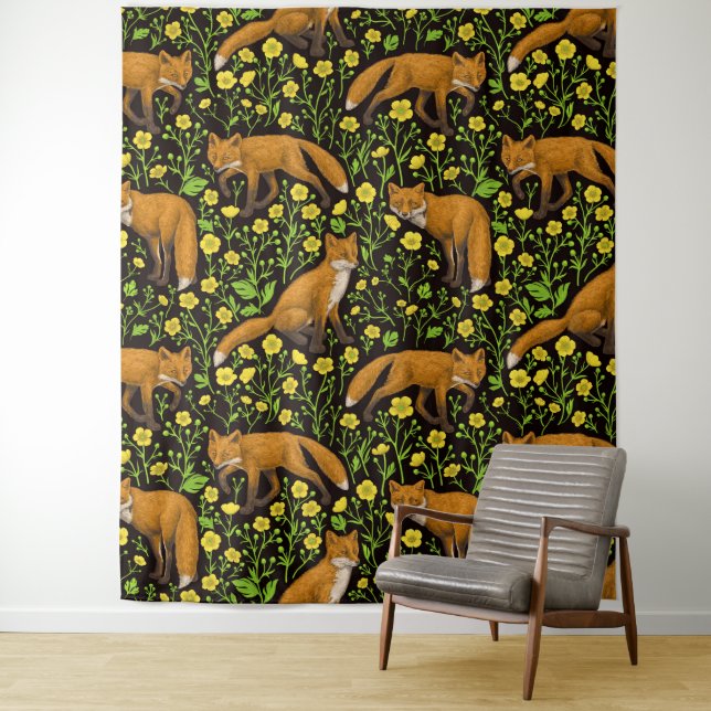 Foxes and buttercups on black tapestry (In Situ)