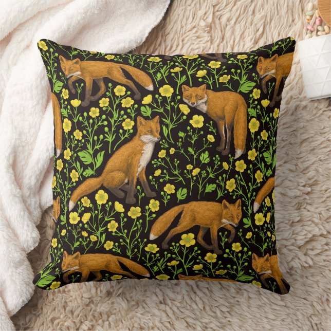 Foxes and buttercups on black throw pillow (Blanket)