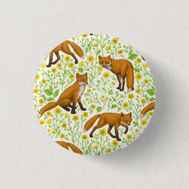 Foxes and buttercups on natural white 1 inch round button (Front)