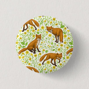 Foxes and buttercups on natural white 1 inch round button