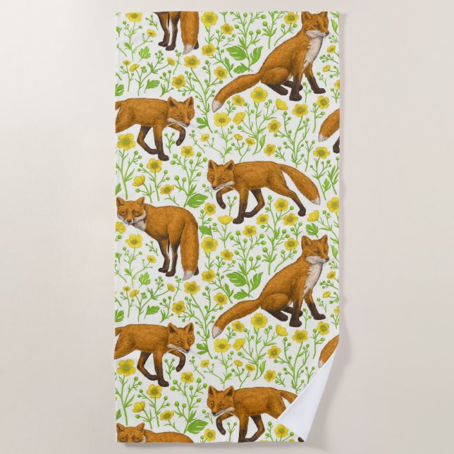 Foxes and buttercups on natural white beach towel (Front)