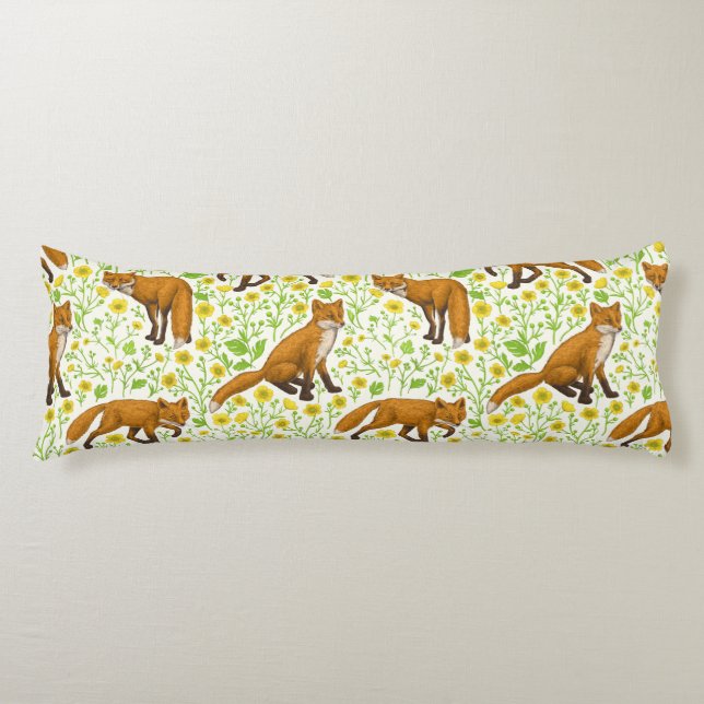 Foxes and buttercups on natural white body pillow (Front)