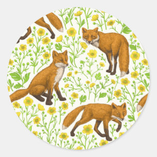 Foxes and buttercups on natural white classic round sticker