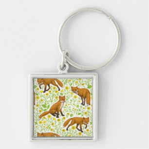 Foxes and buttercups on natural white keychain