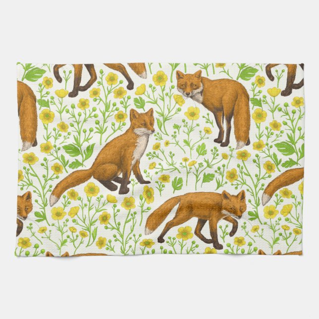 Foxes and buttercups on natural white kitchen towel (Horizontal)