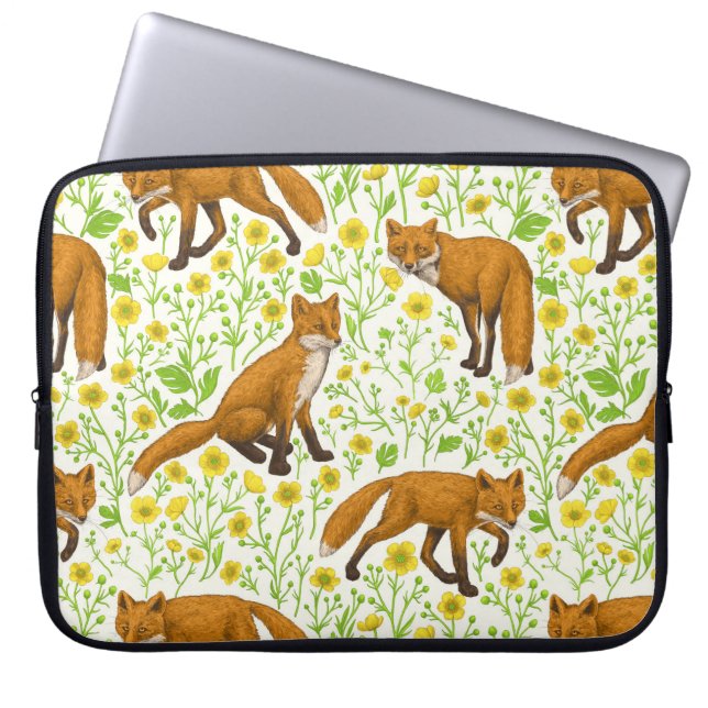 Foxes and buttercups on natural white laptop sleeve (Front)