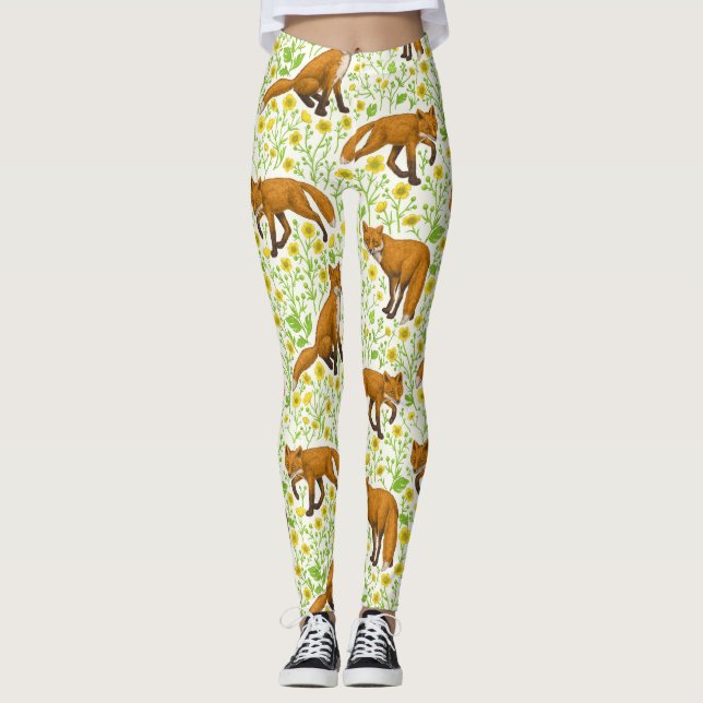 Foxes and buttercups on natural white leggings (Front)