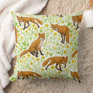Foxes and buttercups on natural white throw pillow
