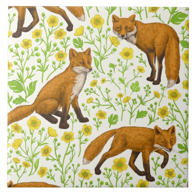 Foxes and buttercups on natural white tile (Front)