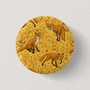 Foxes and buttercups on orange 1 inch round button
