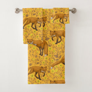 Foxes and buttercups on orange bath towel set
