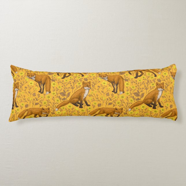 Foxes and buttercups on orange body pillow (Front)