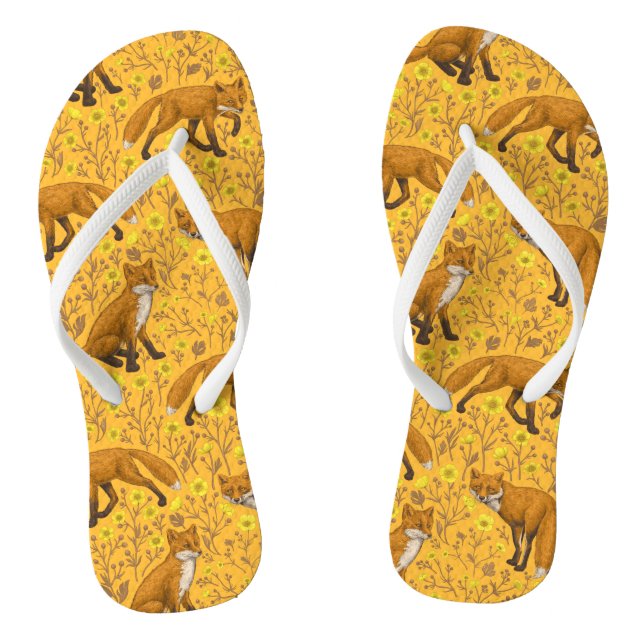 Foxes and buttercups on orange flip flops (Footbed)