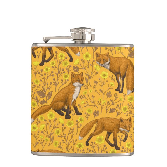 Foxes and buttercups on orange hip flask (Front)