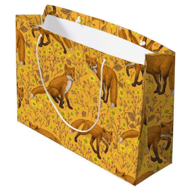 Foxes and buttercups on orange large gift bag (Back Angled)