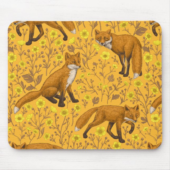 Foxes and buttercups on orange mouse pad (Front)
