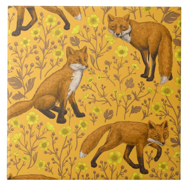 Foxes and buttercups on orange tile (Front)