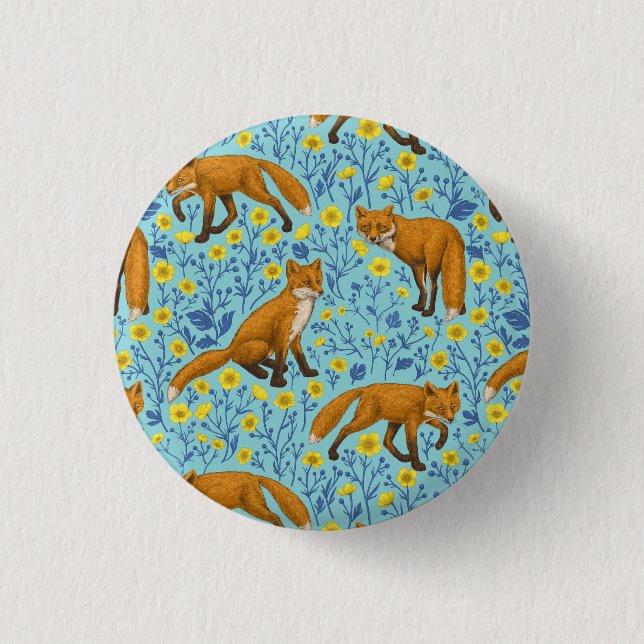Foxes and buttercups on pool blue 1 inch round button (Front)
