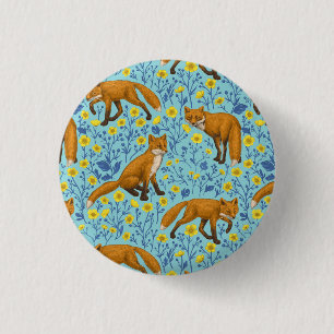 Foxes and buttercups on pool blue 1 inch round button