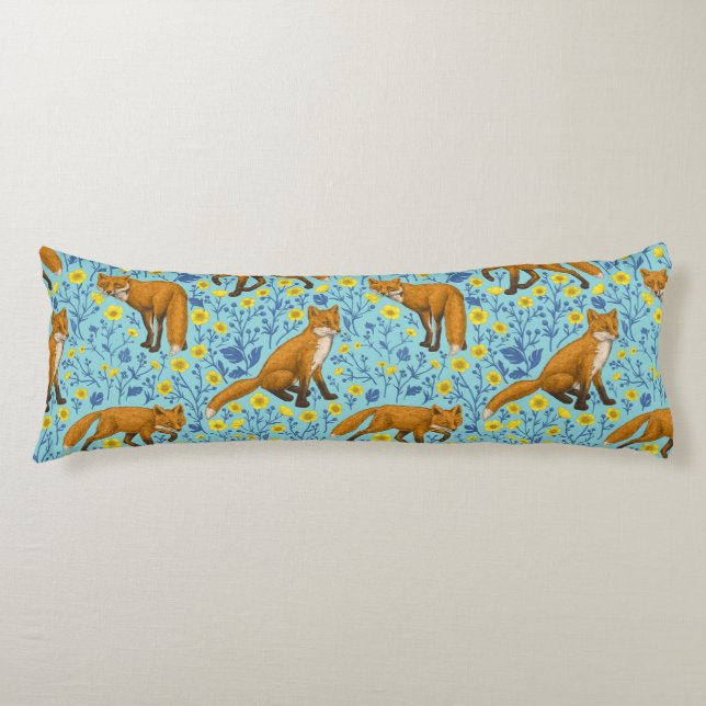 Foxes and buttercups on pool blue body pillow (Front)