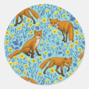 Foxes and buttercups on pool blue classic round sticker