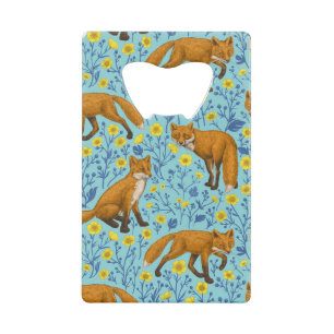 Foxes and buttercups on pool blue credit card bottle opener