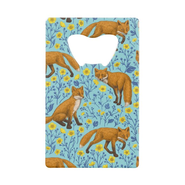Foxes and buttercups on pool blue credit card bottle opener (Front)