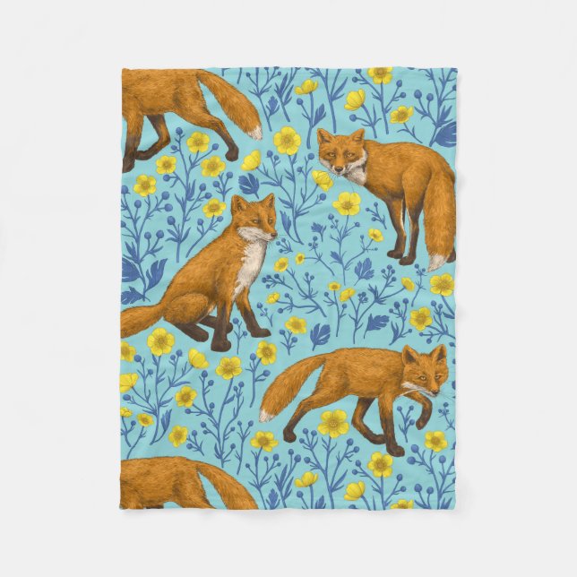 Foxes and buttercups on pool blue fleece blanket (Front)