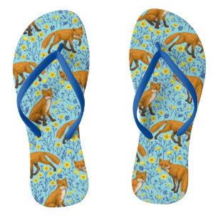 Foxes and buttercups on pool blue flip flops