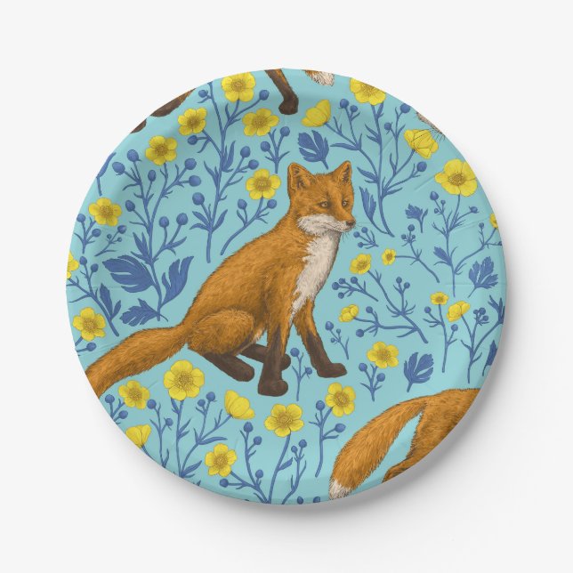 Foxes and buttercups on pool blue paper plate (Front)